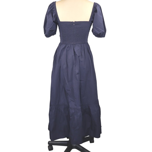 Quince Organic Cotton Ruched Midi Dress Navy Blue Square Neck Tiered Skirt XS - Picture 3 of 10